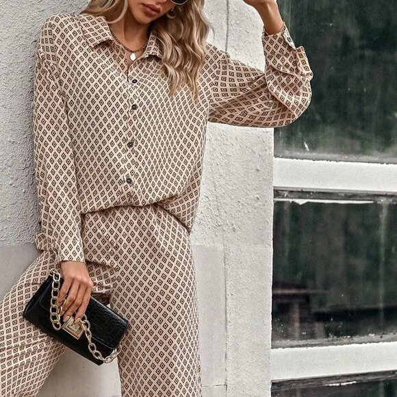 Apricot Casual Womens Allover Print Drop Shoulder Shirt & Wide Leg Pants - Picture 5 of 5